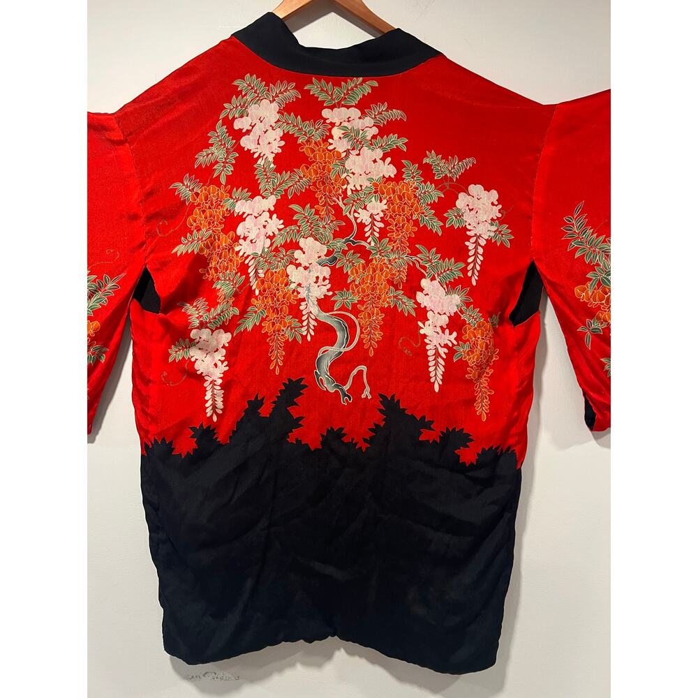 Vintage Japanese Silk Kimono Red Black Floral Large JL - Picture 11 of 16